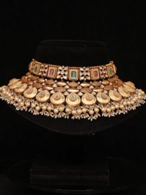 Royal Meenakari Gold-Toned Bridal Choker Necklace with Pearl Accents