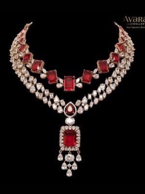 Radiant Regal Red: The Emerald-Cut Ruby & Diamond Double-Layered Necklace
