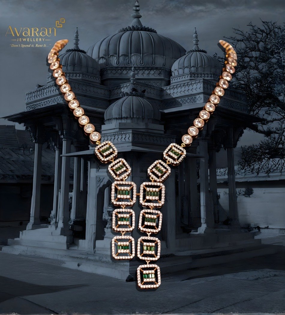 Royal Emerald & Diamond Geometric Necklace in Rose Gold