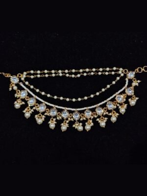 Gold-Plated Multilayered Kundan and Pearl Earchains (Champaswaralu) with Ruby Accents
