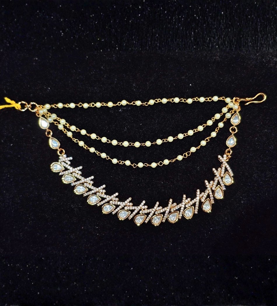 Pearl CZ Leaf-Style Bridal Ear Chain EC-02 - Avaran Jewellery Pearl CZ Leaf-Style Bridal Ear Chain - Image 1