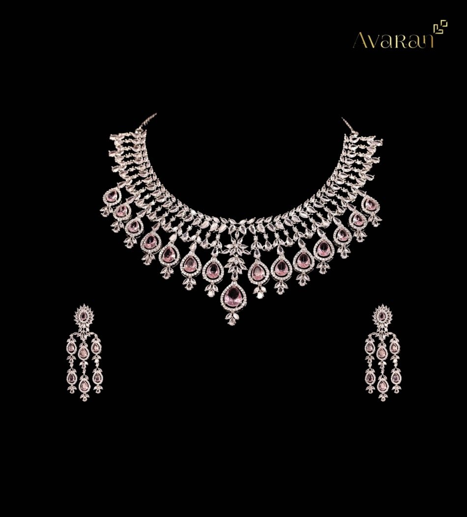 Rose Radiance: The Blush Pink Pear-Drop Diamond Choker Set